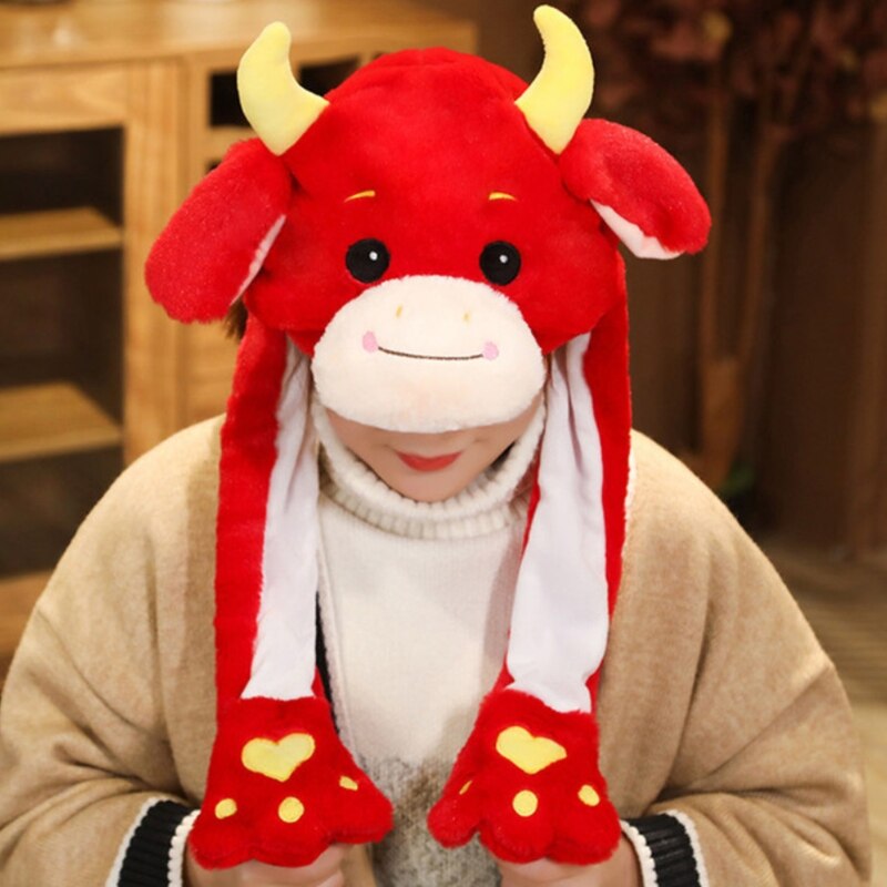 Grappig Ox Dier Pluche Hoed Met Moving Jumping Oren Jaar Cartoon Knuffel Mooie Koe Vee Oorklep Cap Party prop