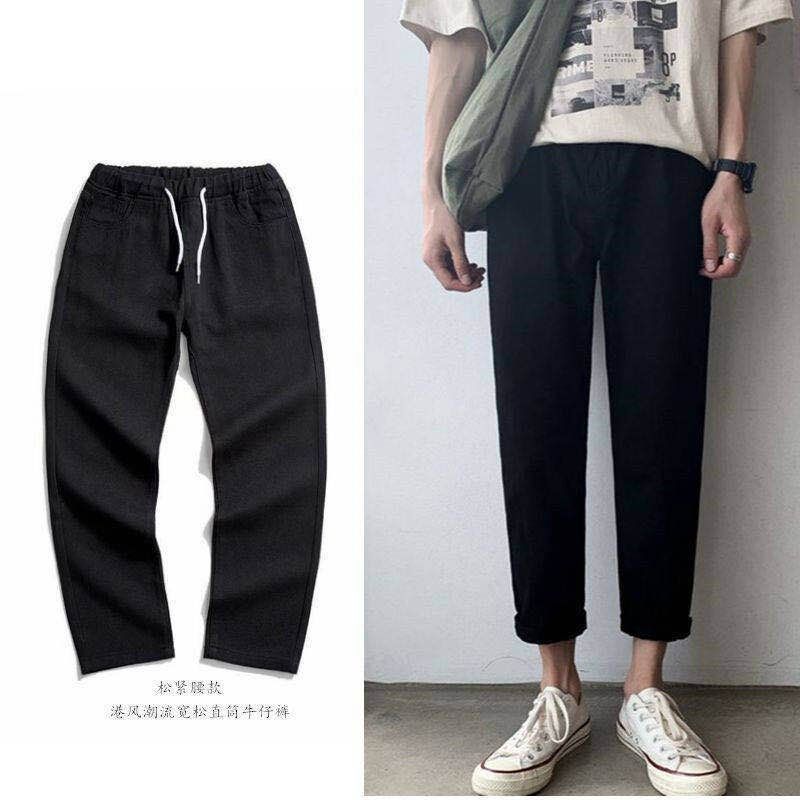 Jeans mænd solid snøre fritid ankellang fritid chic herre plus size lige denimbukser matchende streetwear ulzzang: Sort / 36
