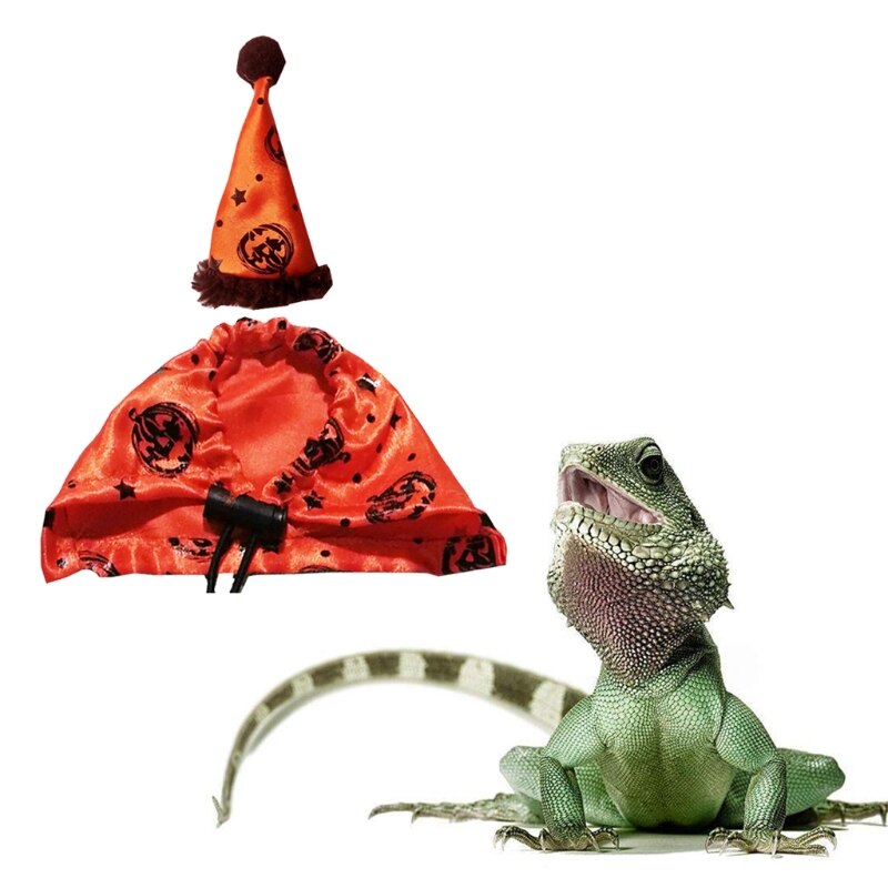 K5DC Lizard Clothes Bearded Dragon Costume Set Orange Halloween Hat and Cloak for Reptiles Resizable Photo Props