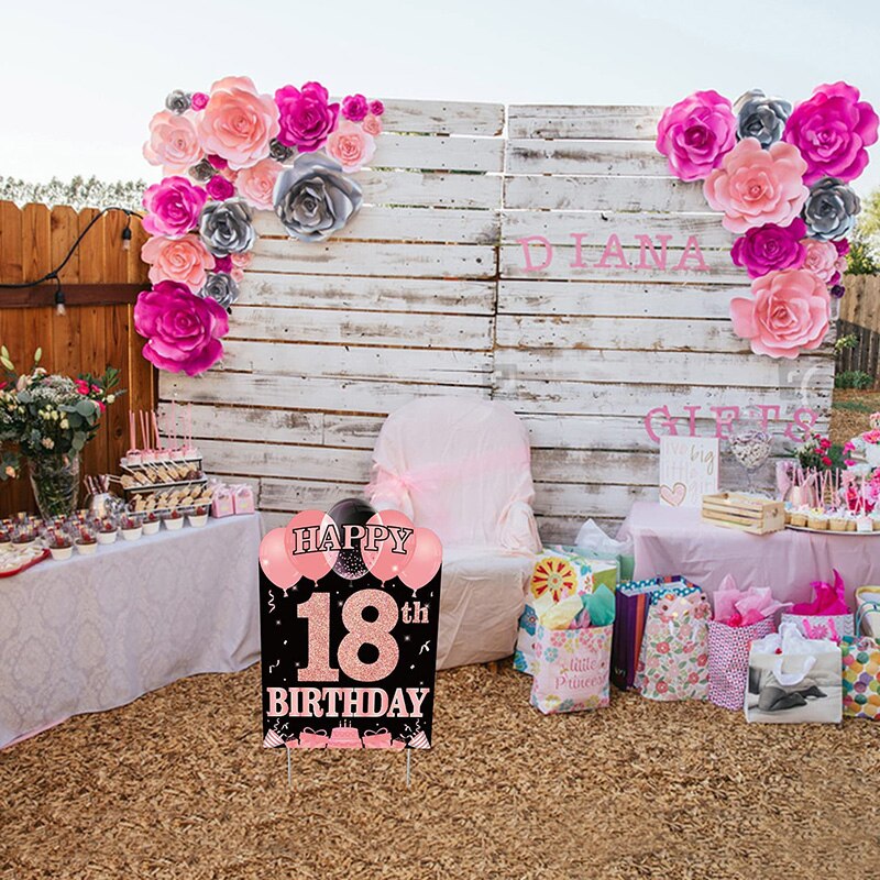 Happy 18th Birthday Yard Sign Party Favor Waterproof Rose Gold Theme Pink Lawn Signs Birthday Decoration Supplies for Teens