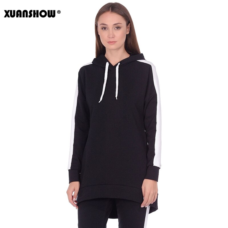 XUANSHOW Autumn Winter Women Tracksuit Long Sleeve Long Hoodies+Pants Two Piece Set Outfit Women Suit Chandal Mujer 2 Pieza: BlackandWhite / XL