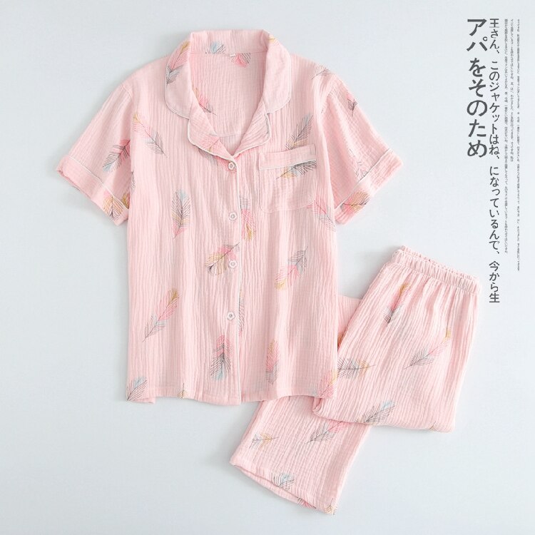 ladies summer short-sleeved shorts pajamas 100% cotton crepe home service suit simple and beautiful comfortable suit: Pink trousers suit / XL