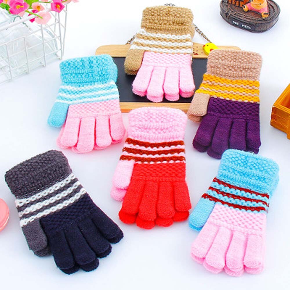 1 paio di Inverno Bambino Caldo Guanti Per Bambini Lavorato A Maglia di Stirata Guanti Bambini Guanti Unisex Guanti Pieni della Barretta Multicolore di Spessore Guanti