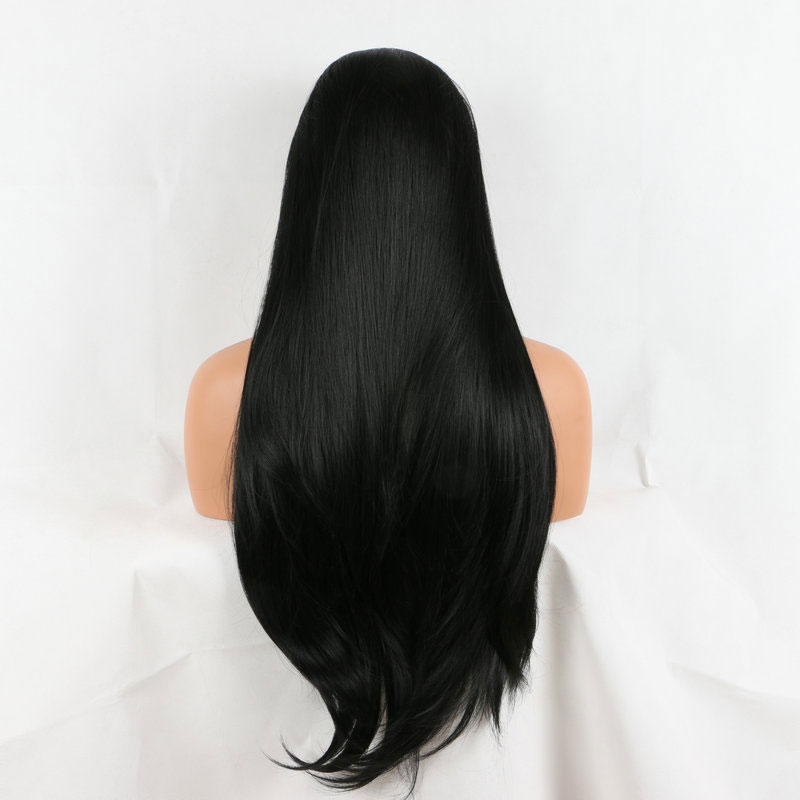 Pelo sintético liso negro sedoso de Bombshell, peluca con malla frontal, pelo de fibra resistente al calor sin pegamento, línea de pelucas de pelo Natural para mujer