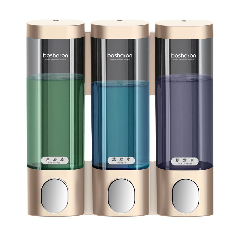 Dispenser til flydende sæbe vægbeslag 300ml badeværelsestilbehør plast vaskemiddel shampoo dispensere dobbelt hånd køkken sæbe flaske: Guld tredobbelt
