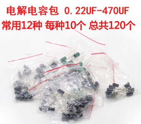 120 pcs 1 set van 120 stuks 12 waarden 0.22 UF-470 UF Aluminium elektrolytische condensator assortiment kit set pack