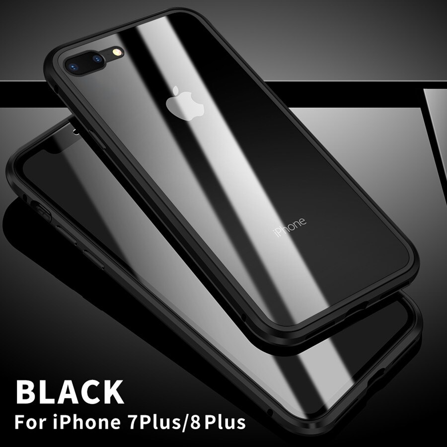 Magnetische Adsorptie Case Metalen Frame Gehard Glas Terug Met Ingebouwde Magneet Cover Voor Iphone 6 6S Iphone 7 8 Plus Se: 7 plus 8 plus / Black