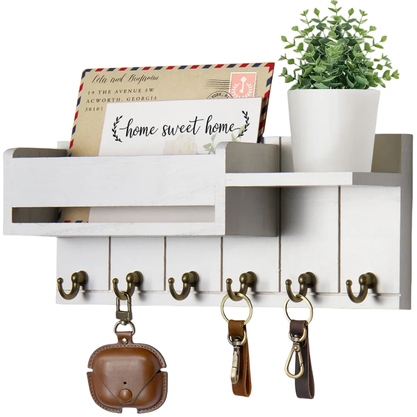 Rustic Decor Wood Wall Shelf with Mail & Key Hooks 6Hook Organizer Suitable for Living Room or Home Entryway