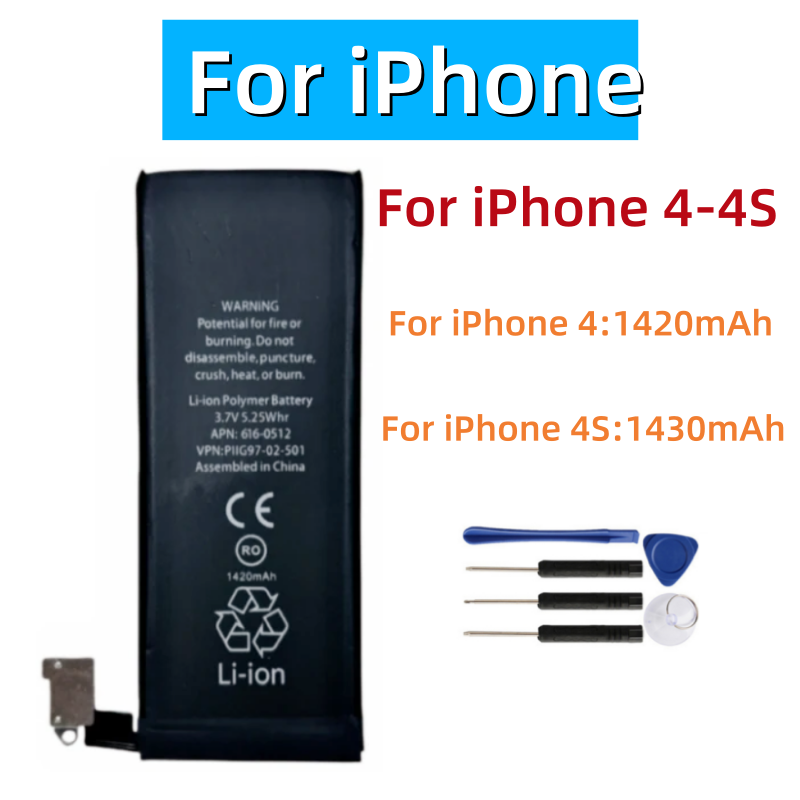 För nollcykelsuppladdningsbart batteri för iphone 4 4s iphone 4 iphone 4s ersättningsbatteri + gratis verktyg