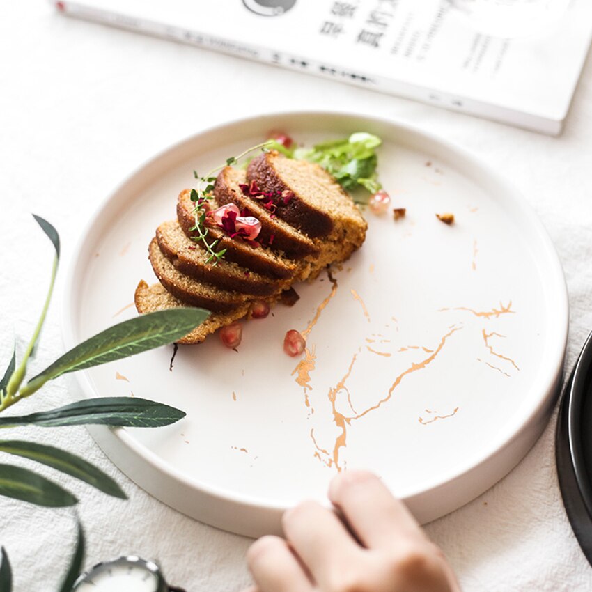 8-inch Porcelain Dinner Plates, Marble Pattern Round Serving Plate for Pasta, Snack, Dessert and Salad, White, Black