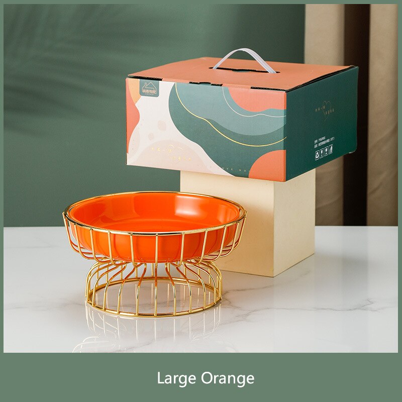 Houseware Fruit Plate Wrought Iron Frame Ceramic Dessert Plate Candy Plate Tall Fruit Plate Box Set With Souvenirs: Orange A