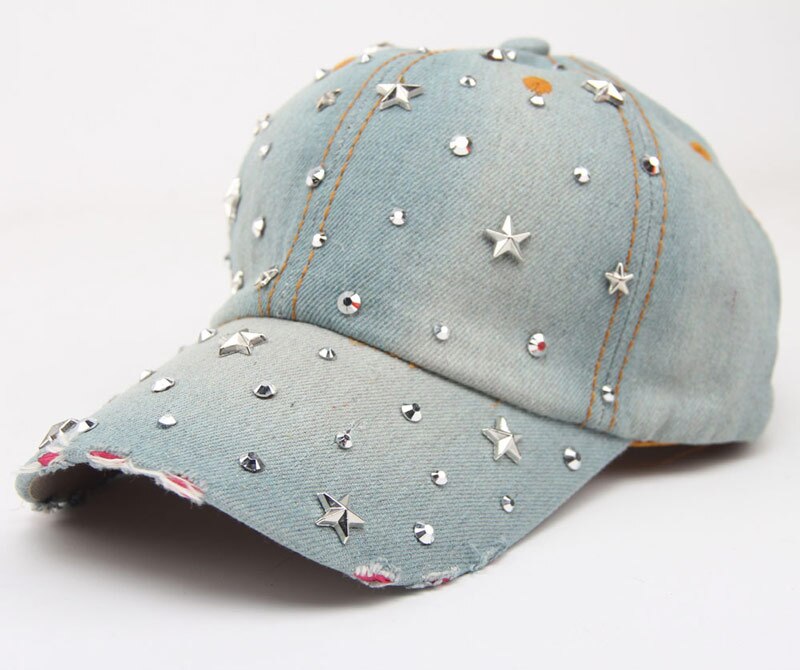 Dam baseballkeps bling stars strass jeanskeps justerbar rem jean snapback hatt nödställd brätte