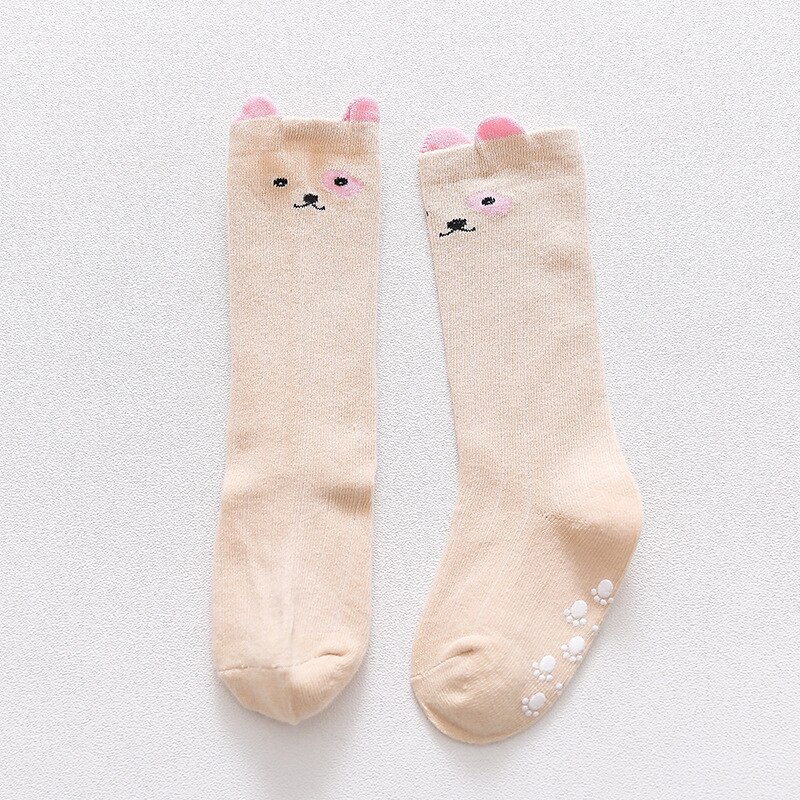 Childrens Baby 'S Unisex Herfst Winter Zachte Katoenen Sokken Knie Hoge Kids Jongens Meisjes Infant Peuter Anti Slip Cartoon Dieren Sokken: 01-Beige Dog / S(1-3Y)