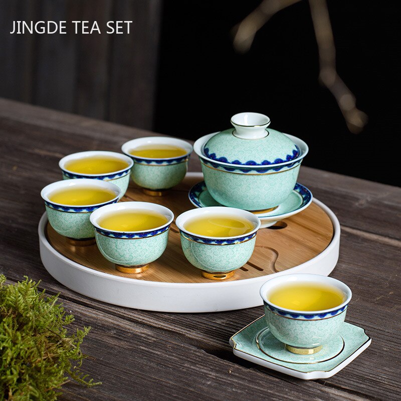 Service à thé en porcelaine bleu et blanc Antique, ensemble de théière et tasse chinois avec filtre en céramique,