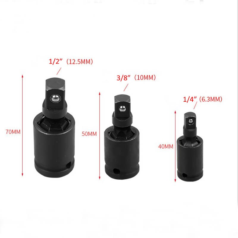 3Pcs 1/4 "3/8" 1/2 "Air Wrench Kruiskoppeling, CR-MO Staal Zwart 360 ° Drive Swivel Impact Dopsleutel Adapter