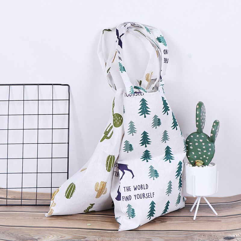 1pc Reusable Foldable Shoulder handbag Pine cactus linen bag Women Canvas Bags shopping outdoor canvas shoulder bags