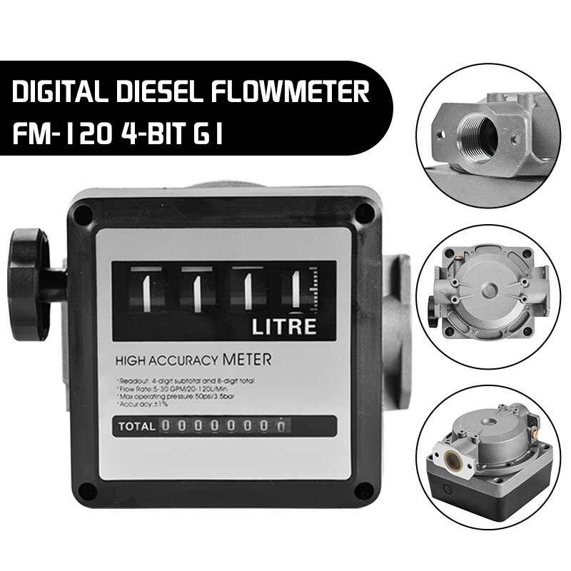 1Pcs FM-120 4 Digital Gasoline Fuel Petrol Oil Flow Meter 20-120L/Min Four Digital for Diesel Fuel Oil Flow Meter Counter