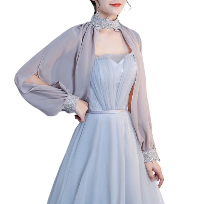 Women Side Split Long Sleeve Wedding Shawl Cape Halter Neck Chiffon Shrug Capelet Open Front Lace Bridal Jacket Bolero