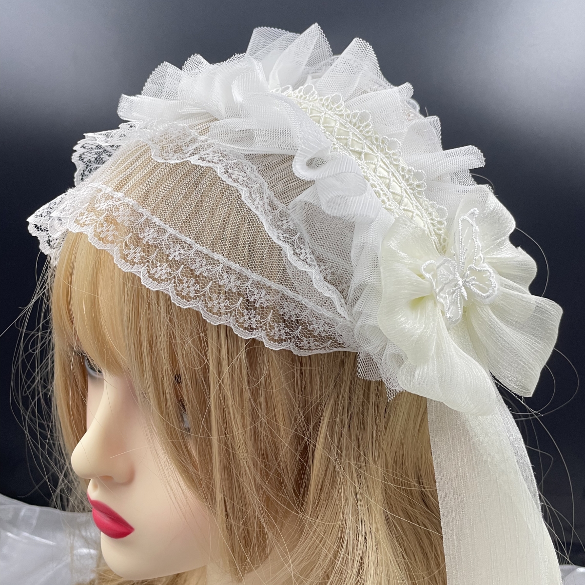 Cosplay Anime Gothic Lolita Maid Lace Headband Women Girls Ruffles Lace Flower Embroidery Hairband Headpiece Hair Hoop Accessory: Beige