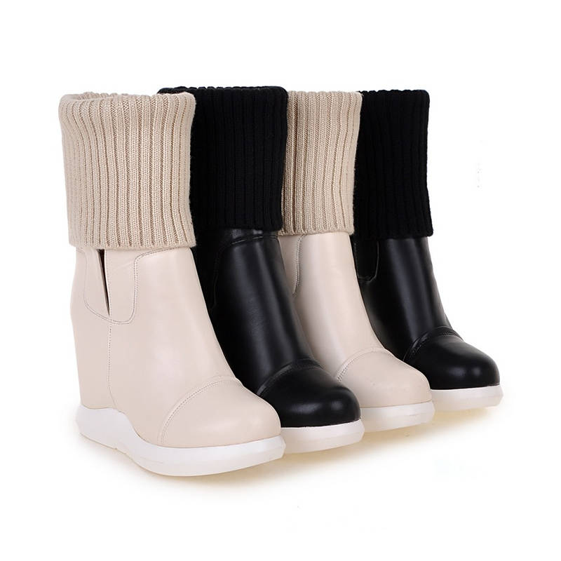 Morazora stil rund tå midt læg støvler kvinder slip on stretch støvler komfortable kiler sko kvinde efterår vinter støvler