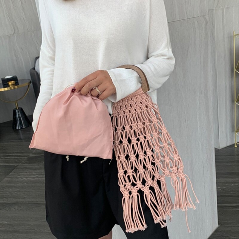 Vevd veske tre bærbar hule bomull tau dusk strand veske ferie nett veske strikket veske rosa