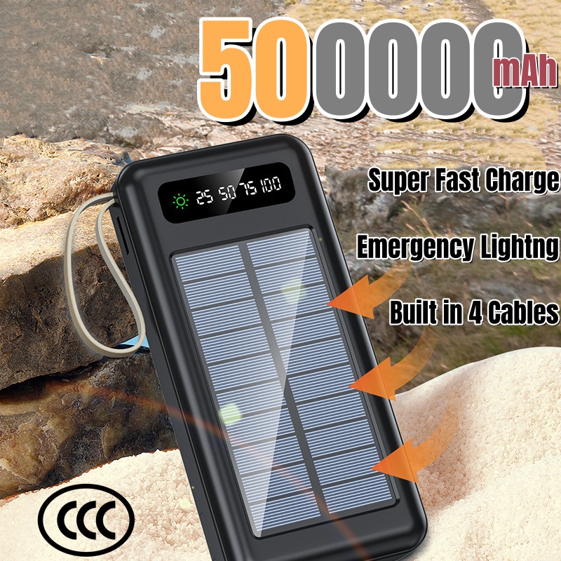500000 mAh zonne-energiebank Snel opladen Powerbank Draagbare mobiele krachtzaklamp met hoge capaciteit Ingebouwde batterij met 4 kabels