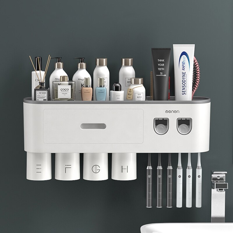 Magnetic Adsorption Inverted Toothbrush Holder Double Automatic Toothpaste Squeezer Dispenser Storage Rack Bathroom Accessories