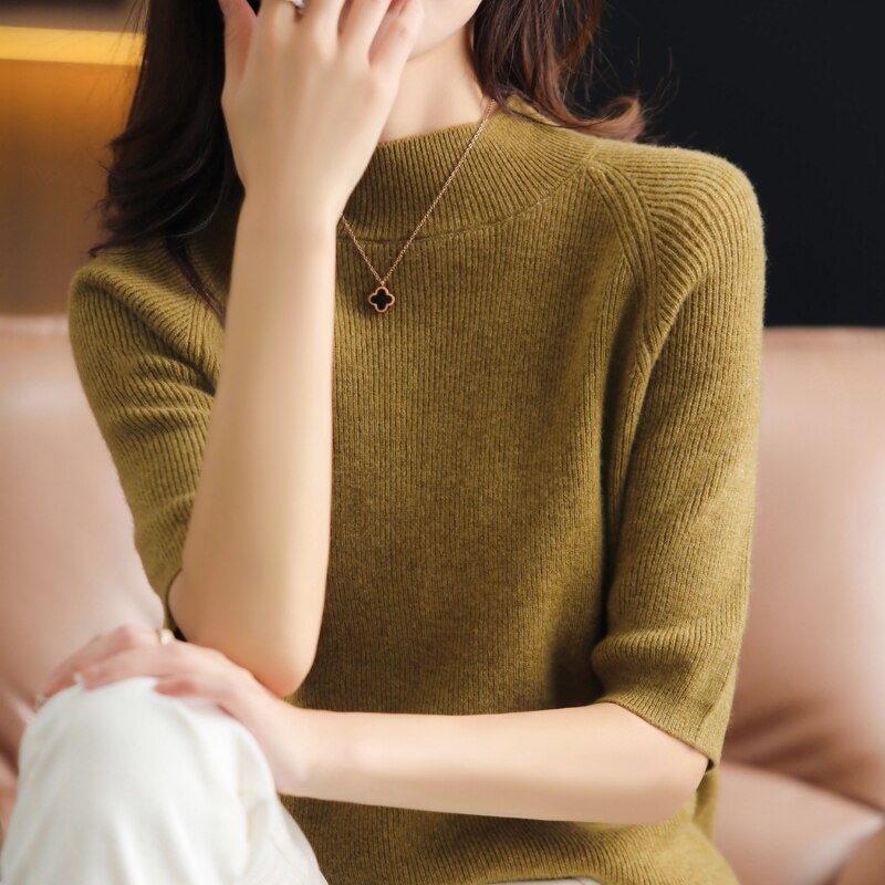 Camisa de malha de manga de cinco pontos de cashmere feminina primavera outono novo 100% lã pura meia manga camisola feminina