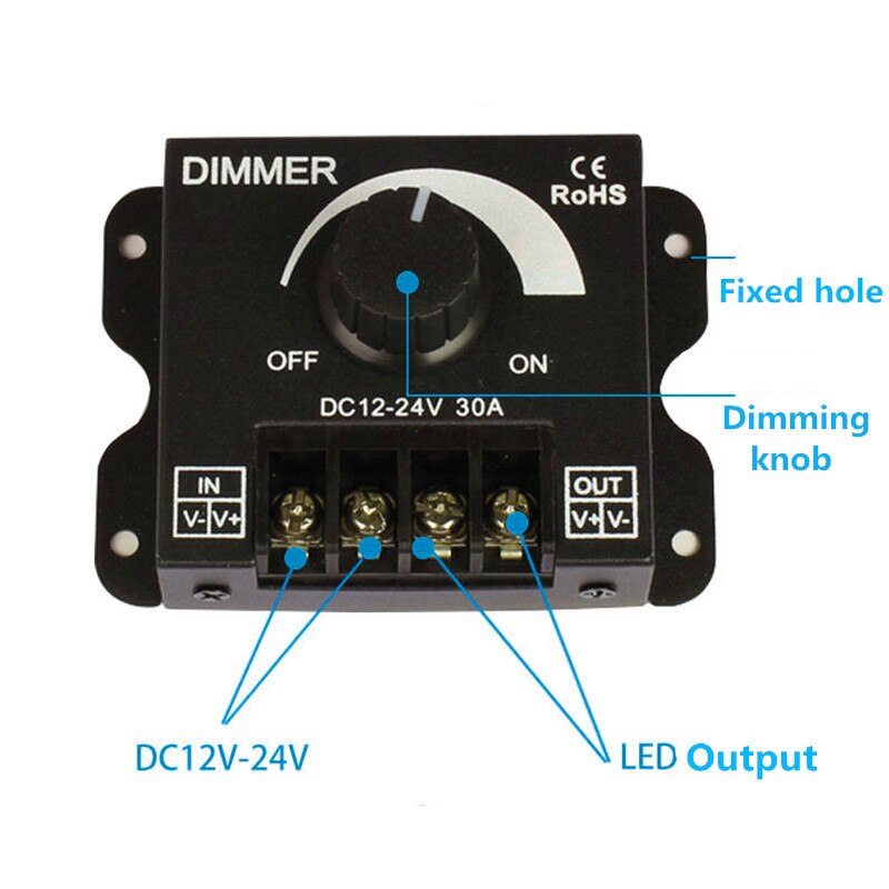 Knob Switch Aluminum Single Color LED Dimmer DC 12V 24V 30A Adjustable Brightness PWM Dimming Controller For LED Strip Lights