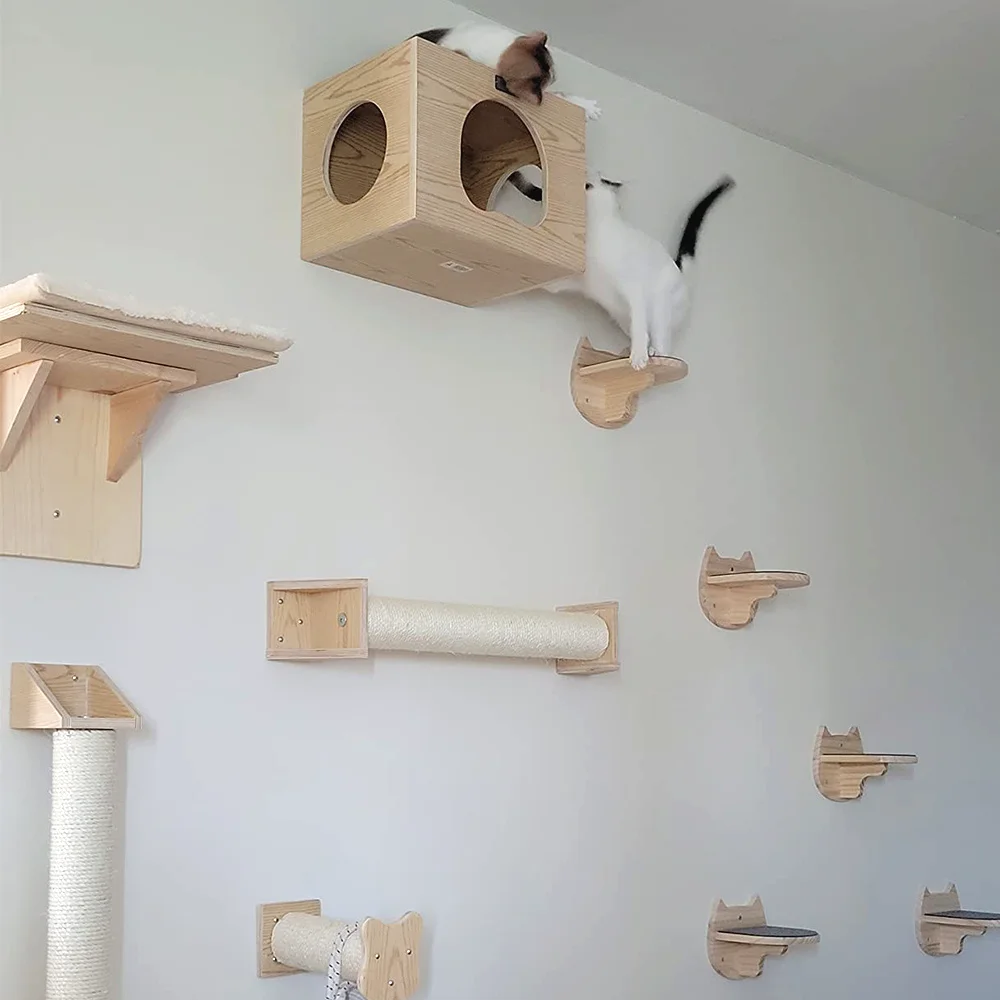 Wall-Mounted Cat Climbing Frame Wooden Cat Tree Cats Hammock Scratching Post Pedal Jumping Platform Indoor Pet Wall Furniture