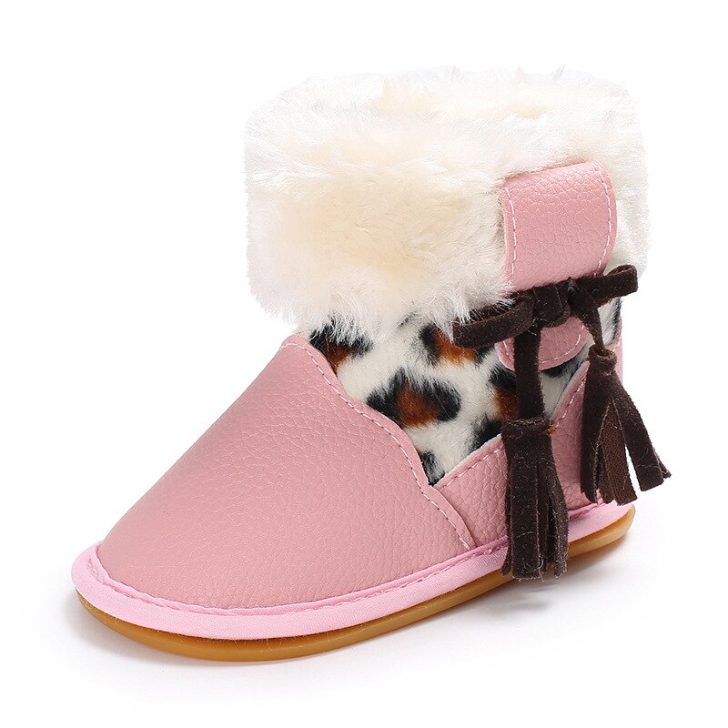 Luipaard Baby Snowboots Pu Leer Dikke Warme Pasgeboren Meisje Winter Schoenen Cartoon Pluche Bows Non Slip Baby Peuter Eerste wandelaars