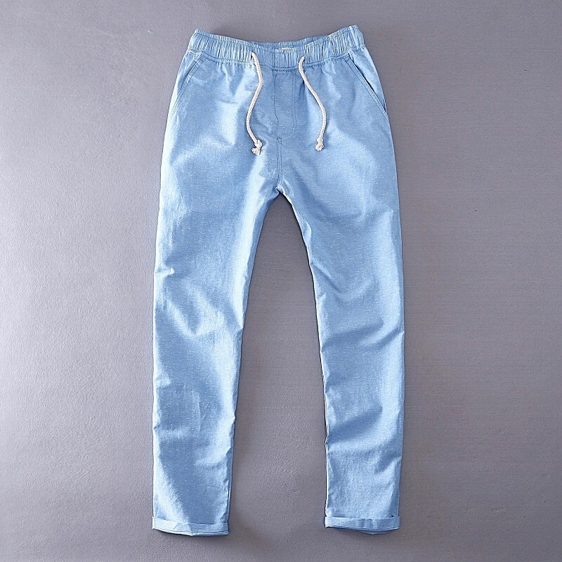 Heren Linnen Katoen Casual Broek - Elastische Tailleband, Loose Fit, Lange Broek: M / Blauw