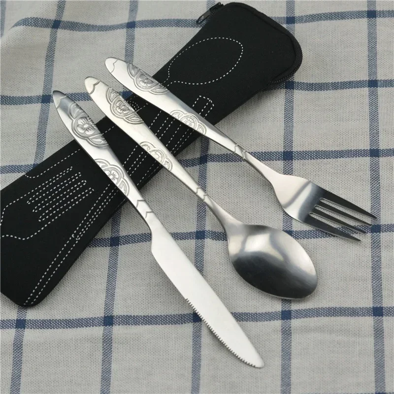 Juego de vajilla de Picnic lavable con cremallera, Kit de cubiertos de viaje, estuche, bolsa portátil para cena, herramienta doméstica, cuchara de viaje para acampar: Negro