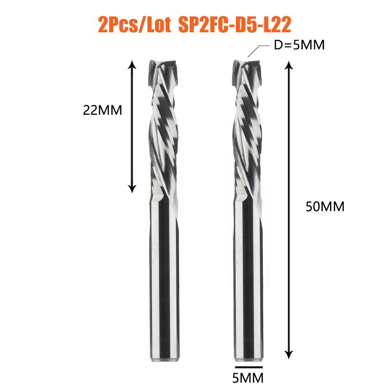 2PCS/LOT Compression Milling Cutter Woodwork UP&amp;DOWN Cut Two Flute Spiral Carbide Milling Tool CNC Router Bits Wood End Mill: 2PC-SP2FC-D5.0-L22