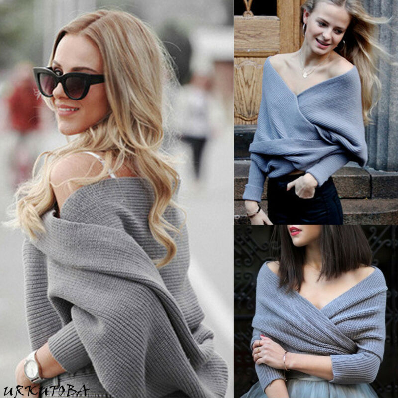Høst gensere kvinner off shoulder cross wrap genser skjorte slash hals kort tee topp genser strikketøy