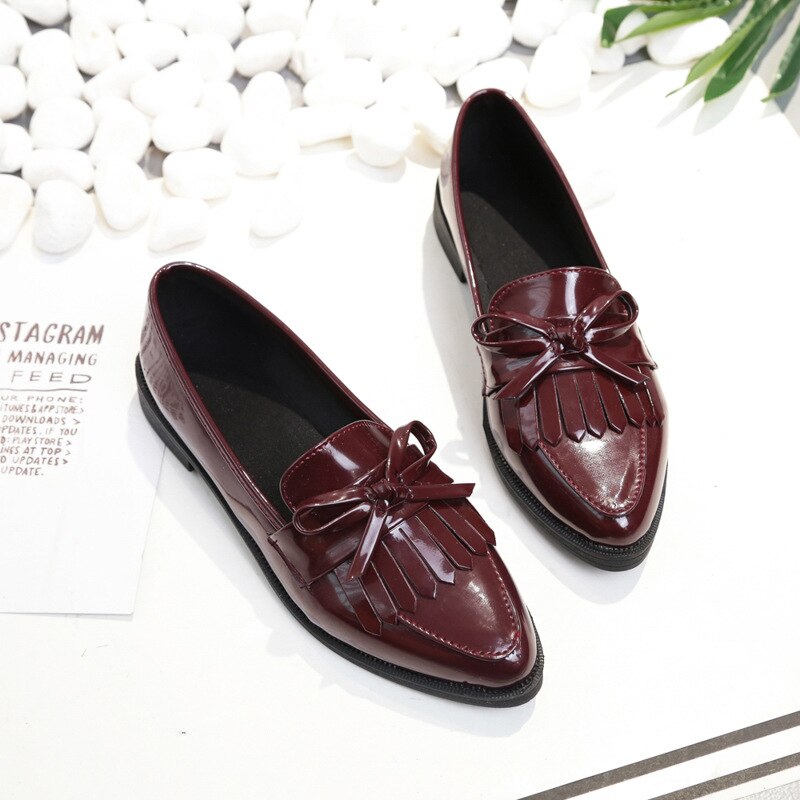 Kvinner flate spiss tå slip on flate sko kvinne loafers bowtie ballett leiligheter oxford sko damer zapatos mujer: Burgunder / 7