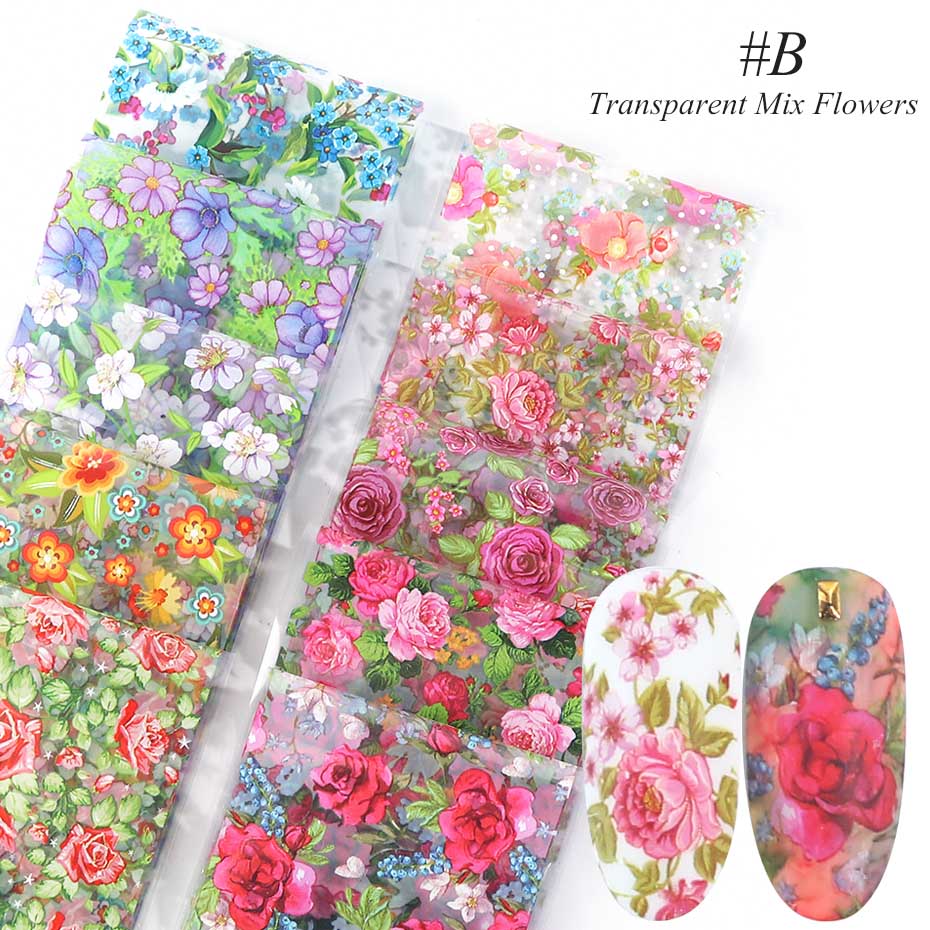 10pcs Kleurrijke Bloemen Stickers Op Nagels Folie Transfer Sterrenhemel Zomer Sliders Voor Manicure Nail Art Decals Decoratie JI798: B