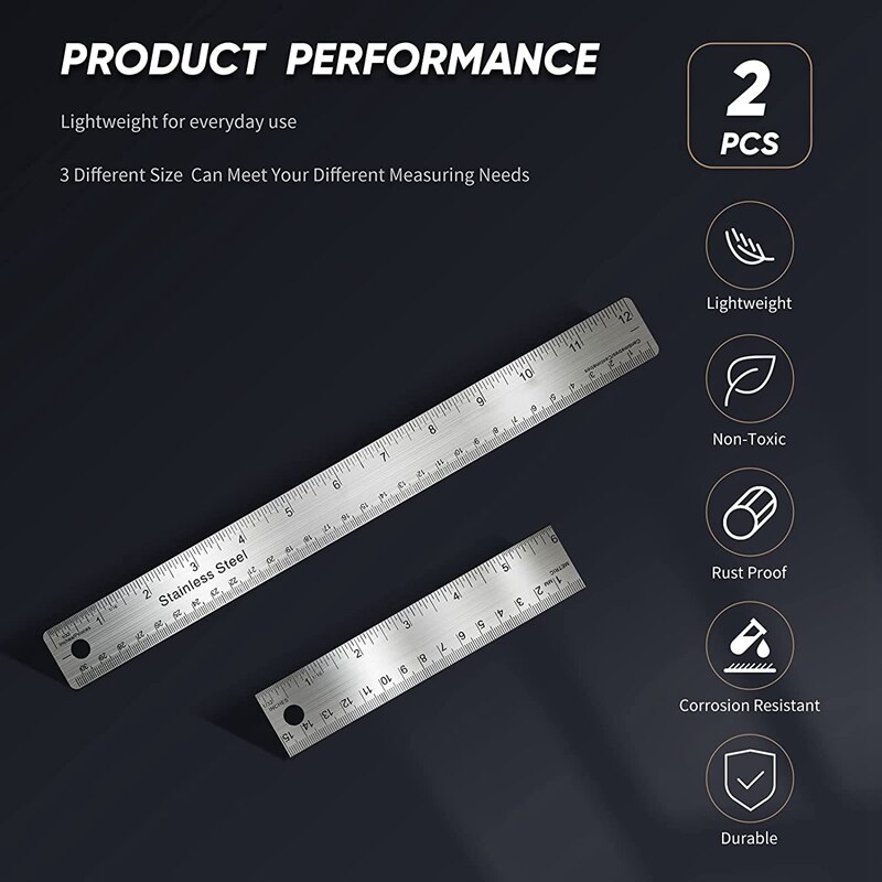 Stainless Steel Cork Backed Metal Ruler, Non Slip Straight Edge with Cork Backing, (2 Pieces 1 X 6 Inch, 1 X 12 Inch)