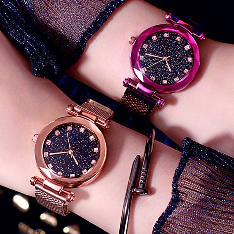 Luxe Sterrenhemel Mesh Armband Horloge Voor Vrouwen Stijlvolle Crystal Quartz Dames Pols Horloges Zwarte Goud Dames Horloge