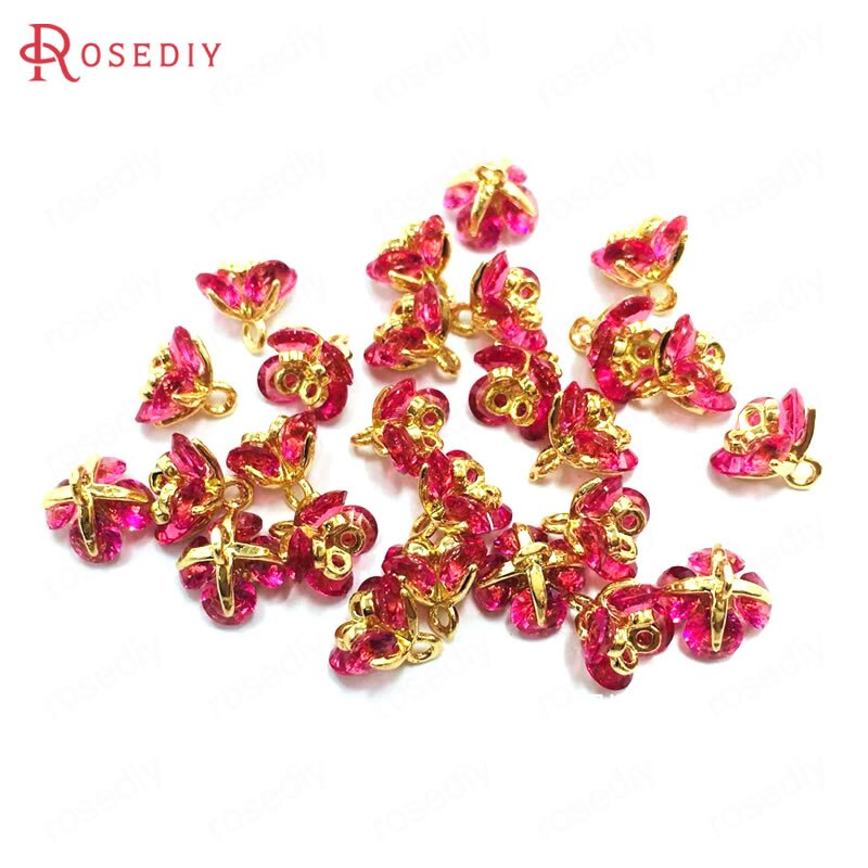 (37101)6PCS 7x7MM 24K Champagne Gold Color Brass and Zircon 3D Flower Charms Pendants Jewelry Making Supplies Diy Accessories: Magenta