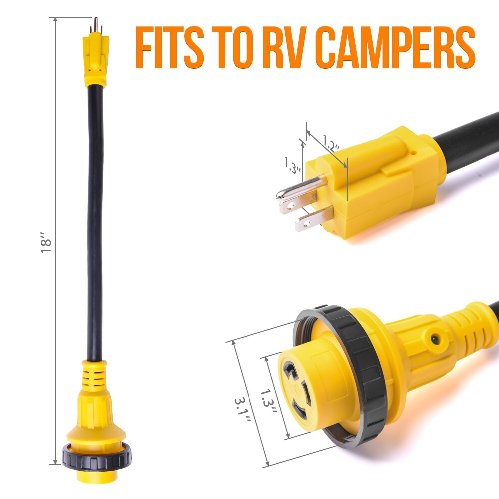 MICTUNING 18inch 15A Male to 30A Female RV Power Cord Heavy Duty Plug Adapter 125V w/ LED Indicator Light Twist Lock Accessories