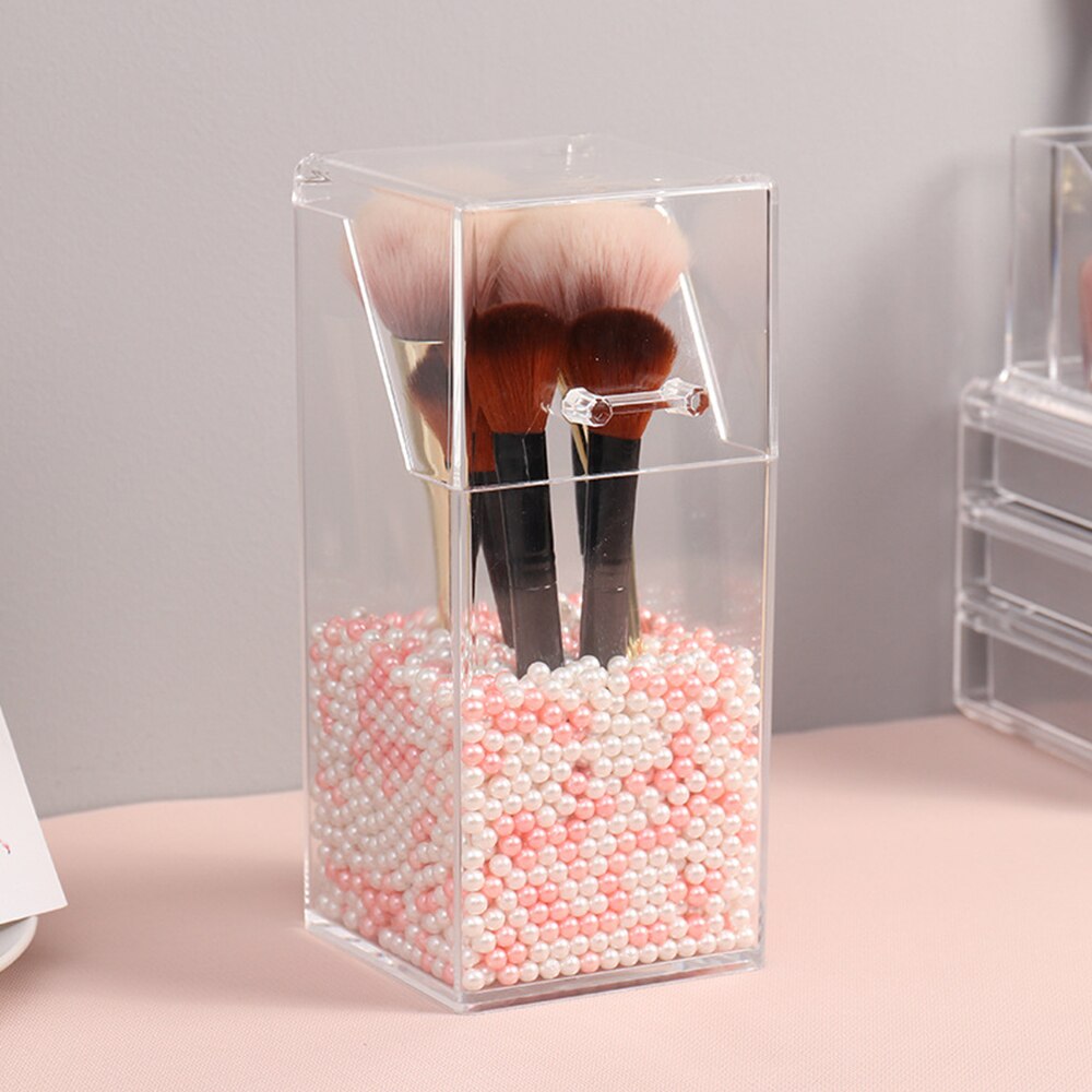 Caja acrílico transparente para guardar brochas de maquillaje, recipiente perlado de almacenamiento y organizador para cosméticos y para lápices de labios
