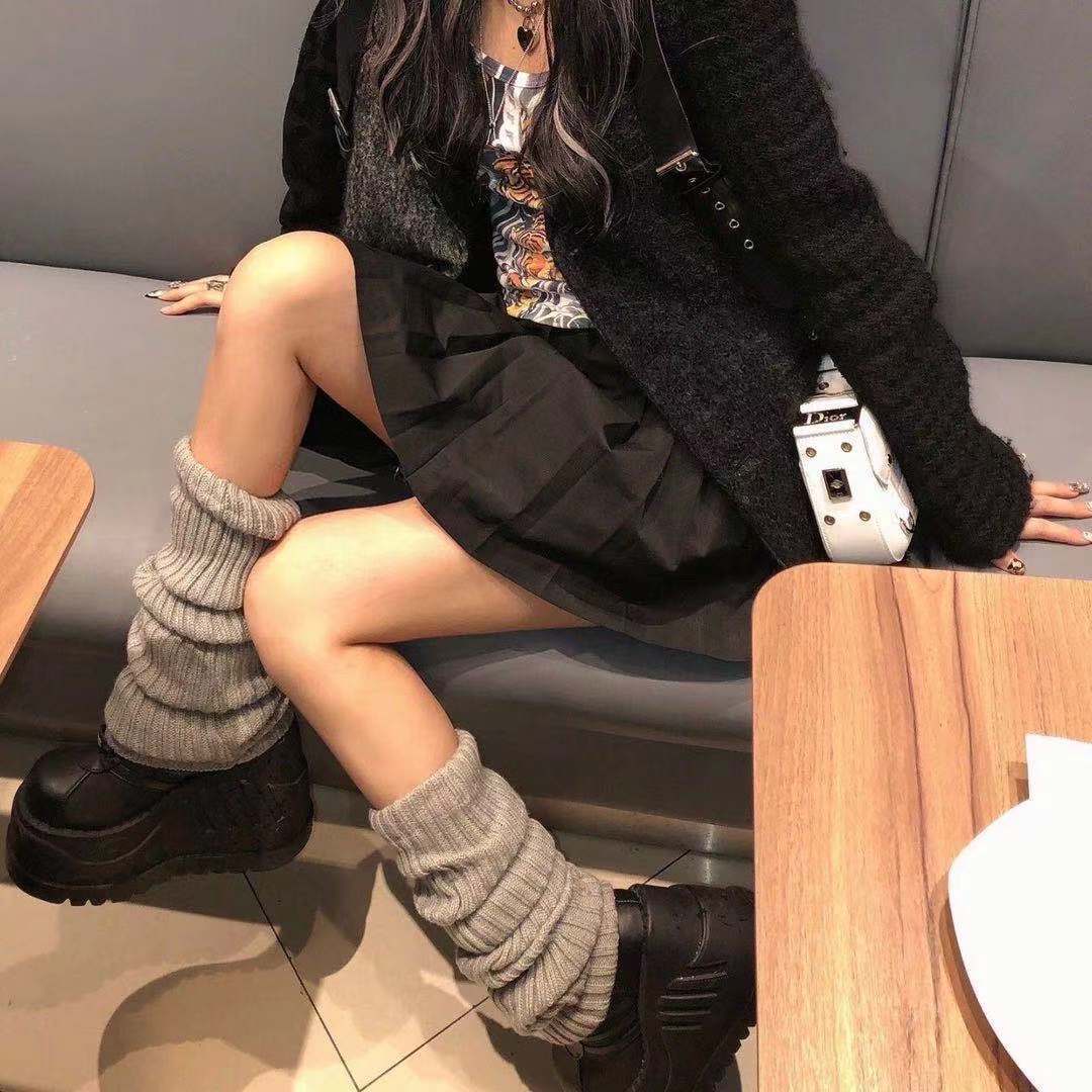 Gyaru-calentadores de piernas góticos Harajuku, calentadores de piernas sexys, calcetines tejidos a rayas, cubierta de pierna de Lolita para mujer, calcetines holgados, manguito de bota, mangas de bota: Castaño