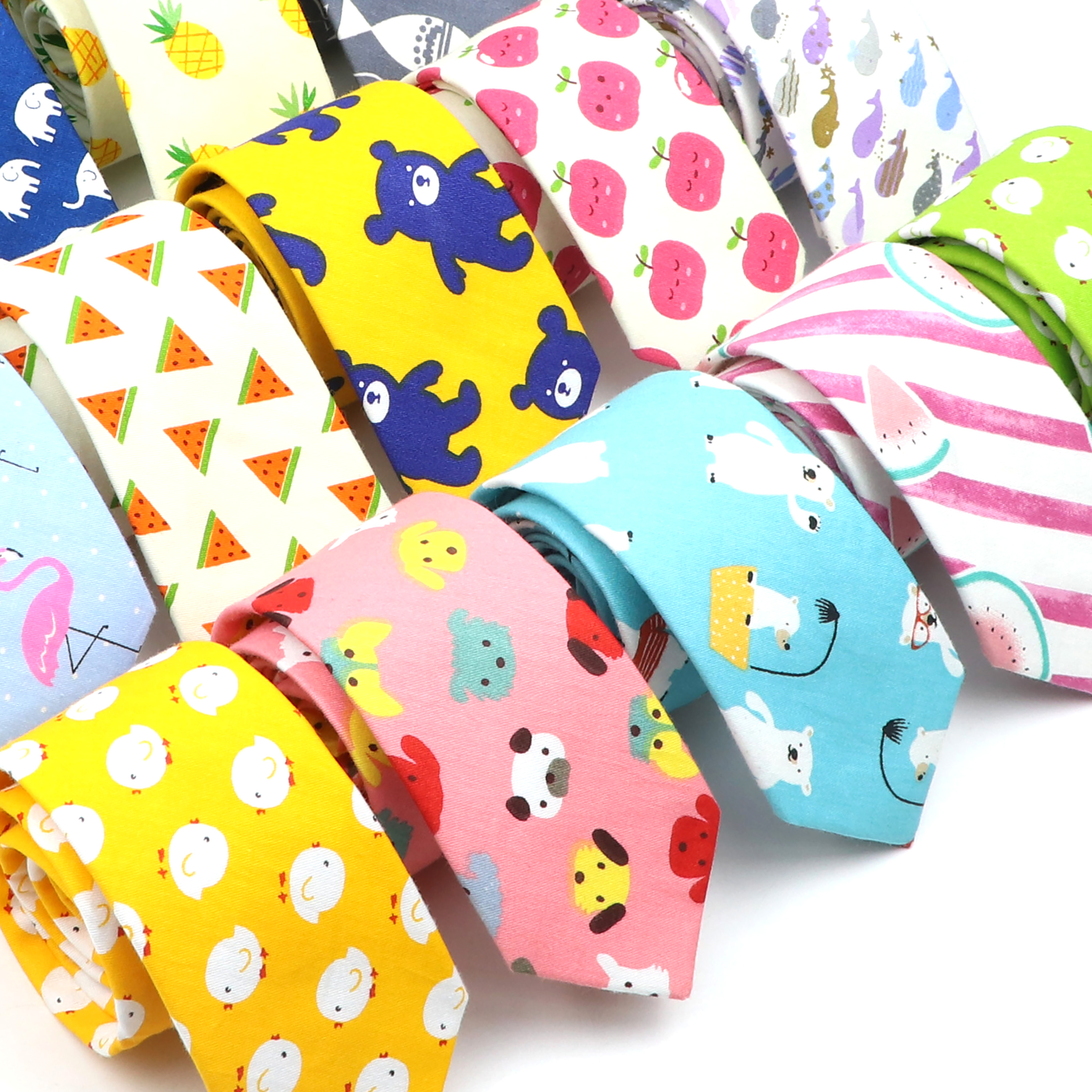 Corbata colorida bonita de dibujos animados para hombres y mujeres, corbata ajustada de algodón con estampado de frutas y animales, corbata estrecha de oso, pato y plátano, divertido