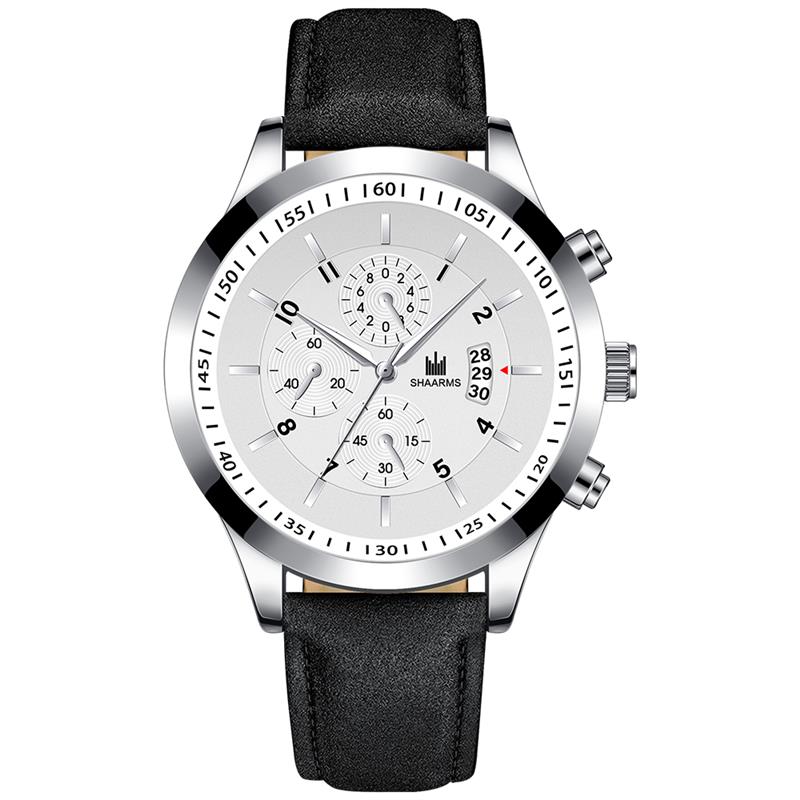Shaarms herenhorloge met zwarte leren band, quartz polshorloge, sporthorloge voor heren, relogio masculino, reloj hombre: J