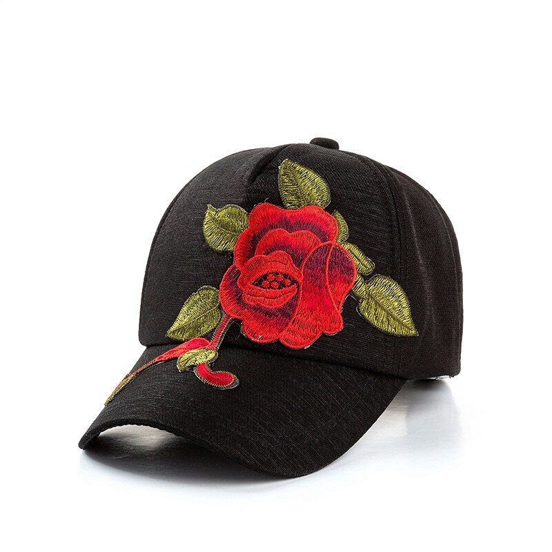 Sombrero de sol bordado para mujer, gorra rosa bordada, gorra de béisbol de protección solar para viajes al aire libre: Black