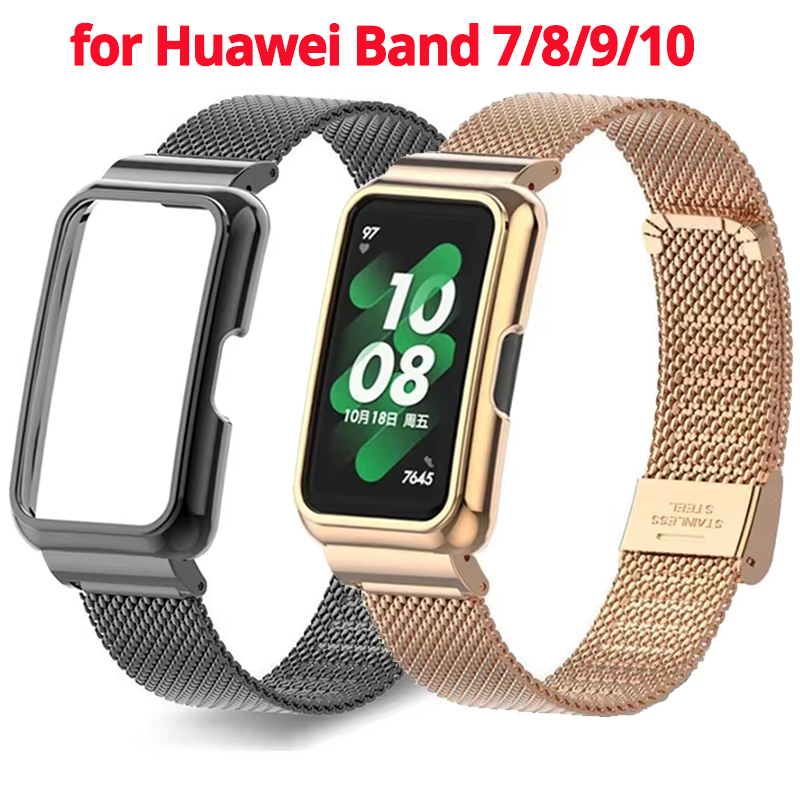 Pulseira de metal + capa para huawei band 9/10 pulseira protetor pulseira para huawei band 10 8 7 6 pulseira capa protetora