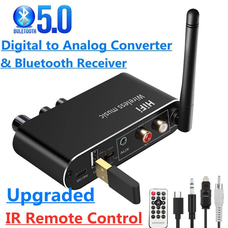 digital til analog lyd dac-konverter adapter digital spdif optisk koaksial  til 3.5mm 3.5 aux jack rca l/r bluetooth 5.0 mottaker