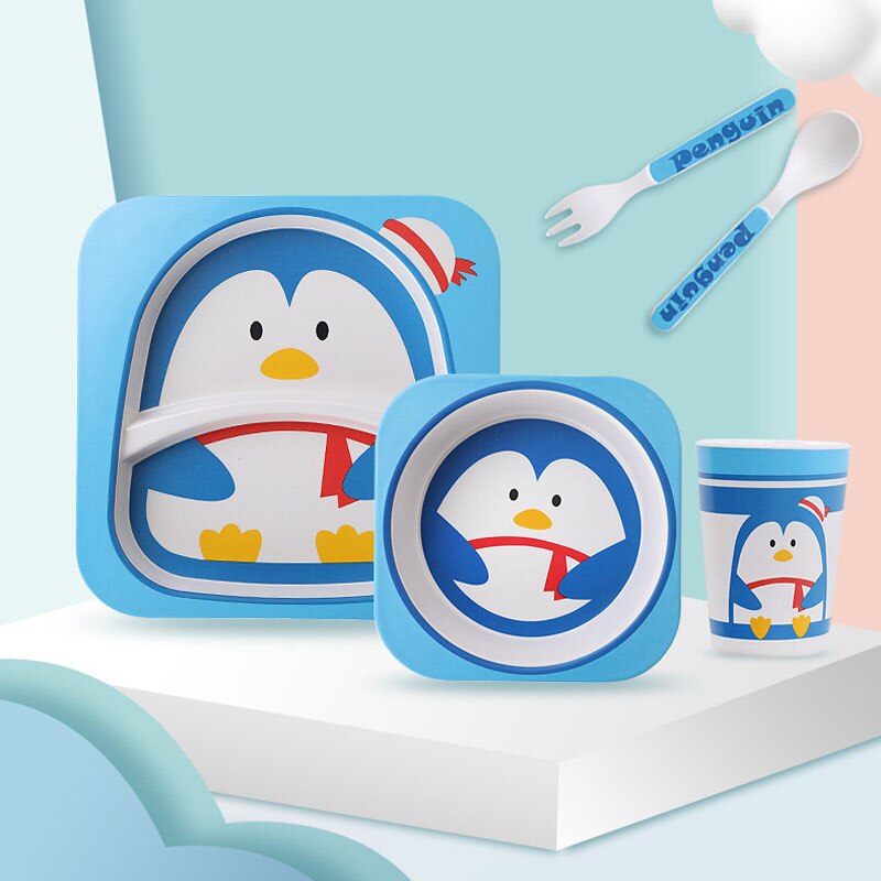 5pcs/set Animal Zoo Baby Plate Bow Cup Forks Dinnerware Feeding Set 100% Bamboo Fiber Baby Children Tableware Set