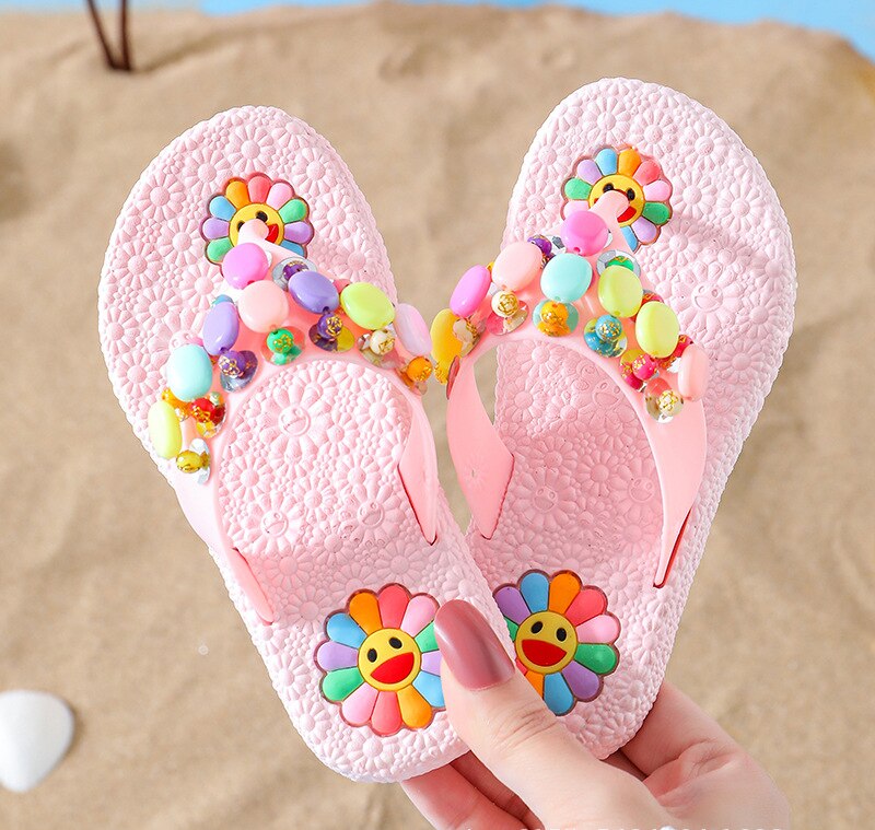Girls Floral Flip Flops Summer Baby Cartoon Sandals Princess Flip-flops Children's Beach Shoes Colorful Beads Sandals
